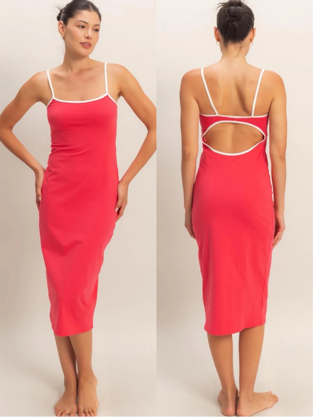 NEW HYFVE Tomato Red Bodycon Midi Dress Open Back Spaghetti Strap Stretch